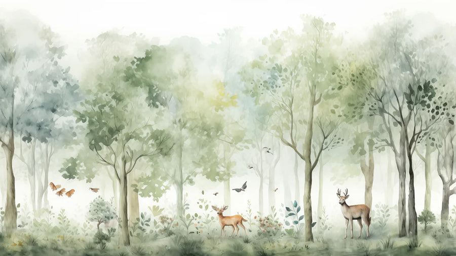 Watercolor Wallpaper Mural – Watercolour Wall Mural – Soft Mist Forest & Deer Watercolor printable artwork