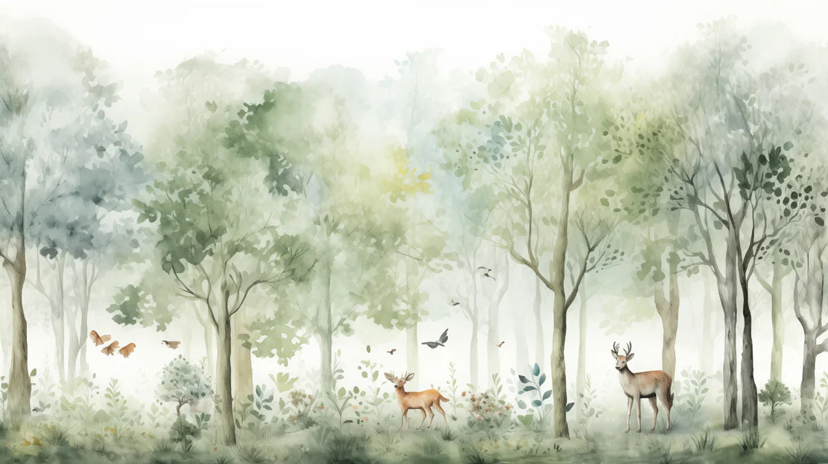 Soft Mist Forest & Deer Watercolor Mural Wallpaper - room preview 02