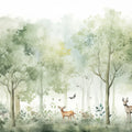 Soft Mist Forest & Deer Watercolor Mural Wallpaper - room preview 02