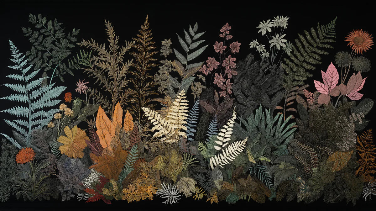 Dark Botanical Fern & Foliage Mural Wallpaper with Vintage Illustration Style Mural Wallpaper - room preview 02