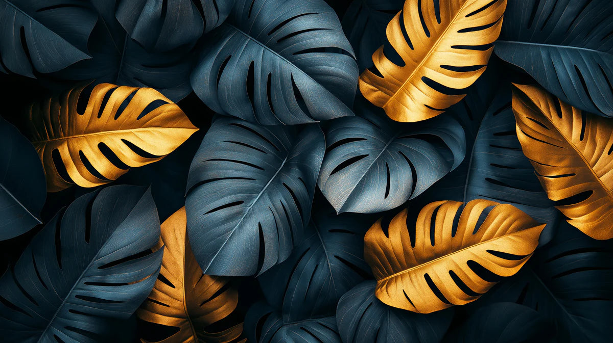 Blue and Gold Monstera Leaves Mural Wallpaper Blue, Gold and Dark Blue Leaves Mural Wallpaper - room preview 02