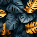 Blue and Gold Monstera Leaves Mural Wallpaper Blue, Gold and Dark Blue Leaves Mural Wallpaper - room preview 02