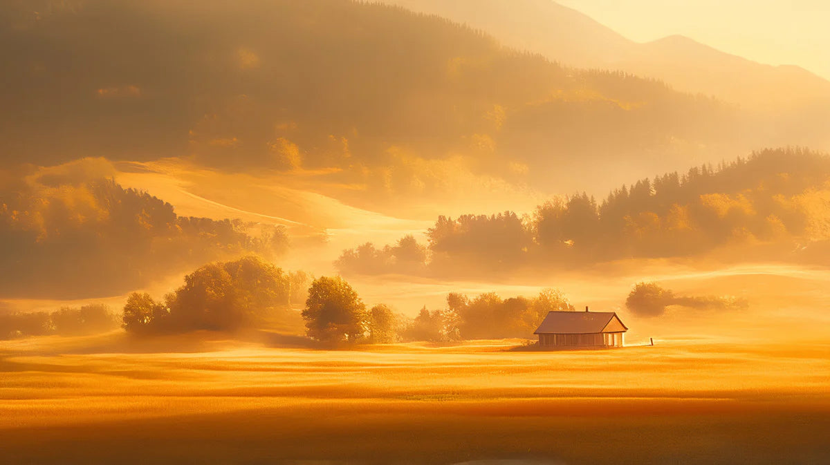 Misty Golden Field Cottage Mural Wallpaper Yellow, Orange and Brown Cottage Mural Wallpaper - room preview 02
