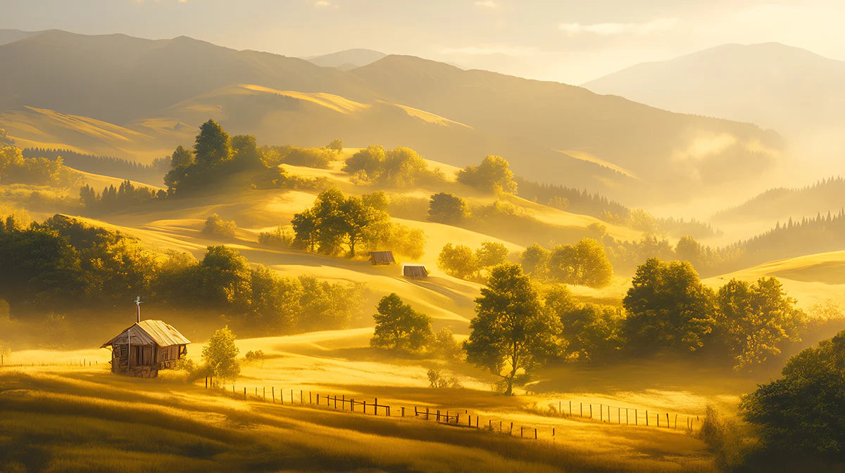 Golden Hillside Cottage Mural Wallpaper Yellow, Green and Brown Cottage Mural Wallpaper - room preview 02