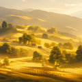 Golden Hillside Cottage Mural Wallpaper Yellow, Green and Brown Cottage Mural Wallpaper - room preview 02