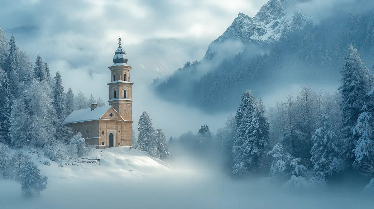 Snowy Church in Mountains Mural Wallpaper Blue, White and Brown Church Mural Wallpaper - room preview 02