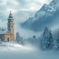Snowy Church in Mountains Mural Wallpaper Blue, White and Brown Church Mural Wallpaper - room preview 02