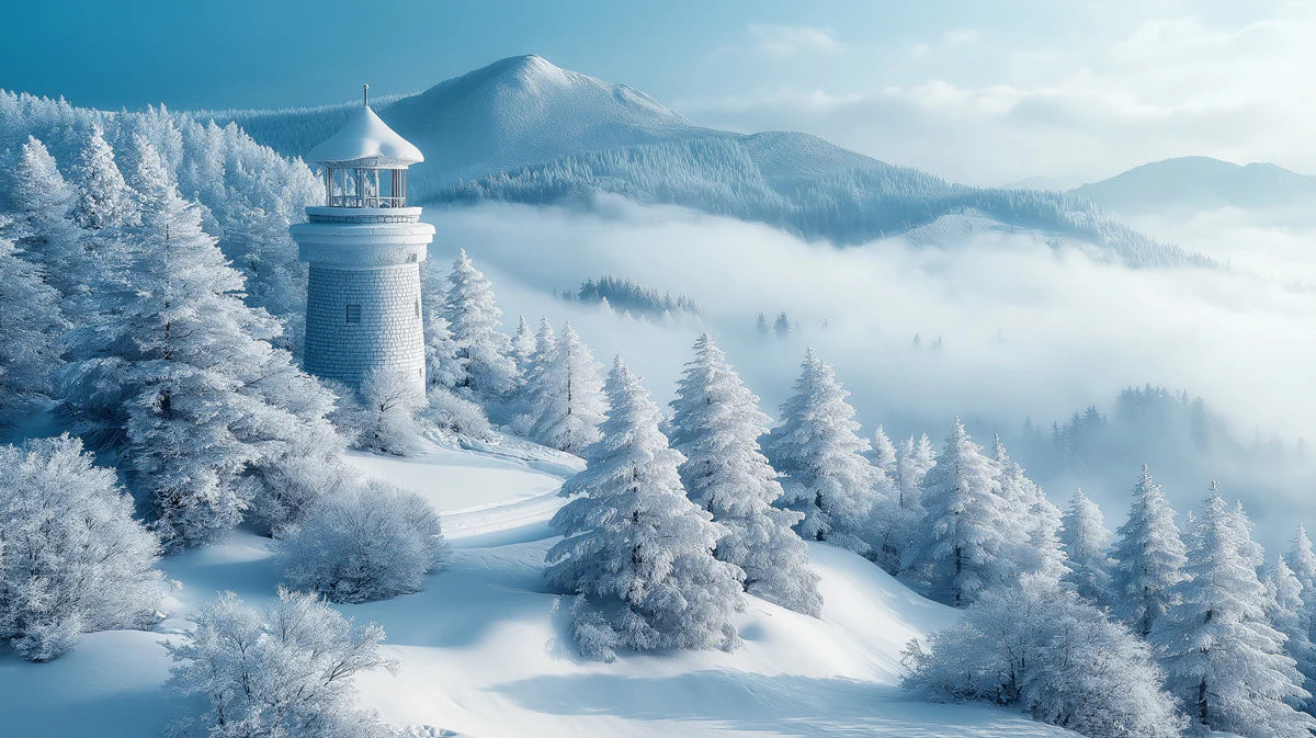 Snowy Lighthouse in Mountains Mural Wallpaper in a study Blue, White and Gray House Mural Wallpaper - room preview 02