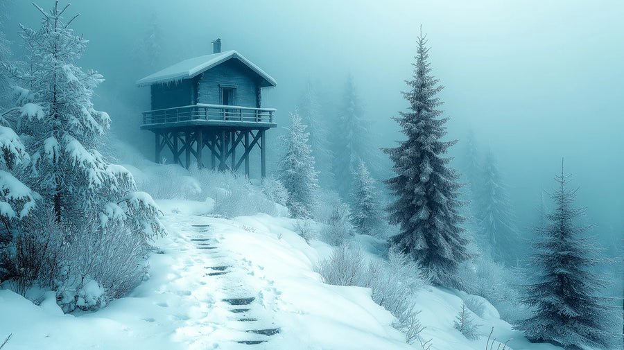 Forest Wallpaper Mural – Woodland Wall Mural – Snowy Cabin in Forest Blue, White House printable artwork