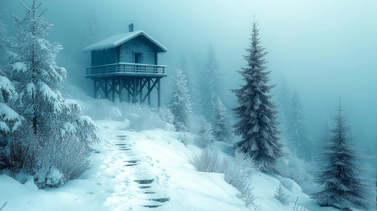 Snowy Cabin in Forest Mural Wallpaper Blue, White House Mural Wallpaper - room preview 02