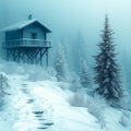 Snowy Cabin in Forest Mural Wallpaper Blue, White House Mural Wallpaper - room preview 02