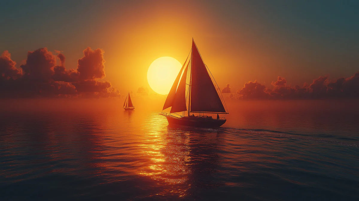 Sailing Boat at Sunset Mural Wallpaper Orange, Yellow, Blue and Sailboats Mural Wallpaper - room preview 02