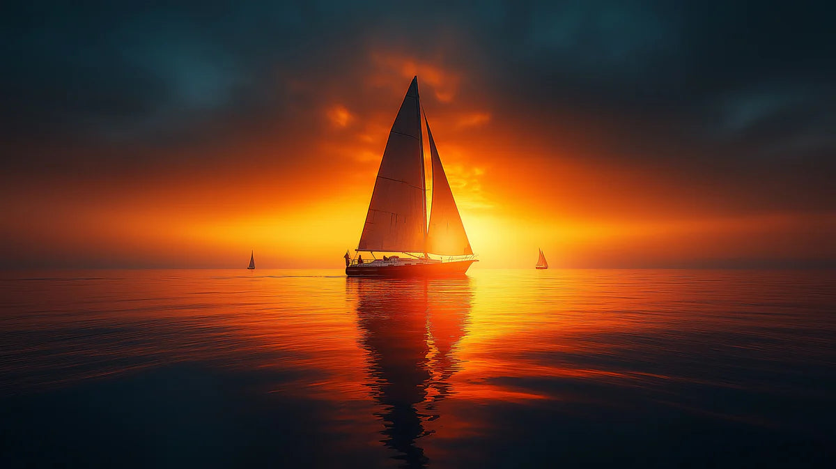 Sailing Boat at Sunset Mural Wallpaper Orange, Yellow, Blue and Sailboats Mural Wallpaper - room preview 02