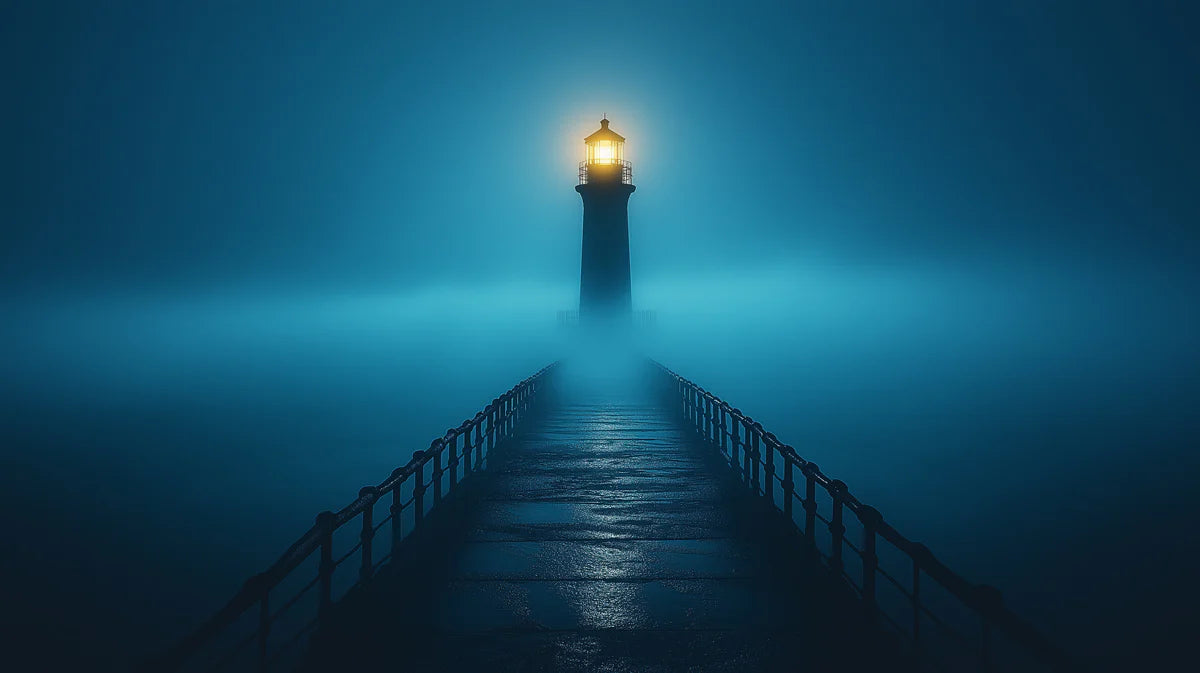 Lighthouse in Fog Mural Wallpaper Blue, Yellow and Lighthouse Mural Wallpaper - room preview 02