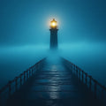 Lighthouse in Fog Mural Wallpaper Blue, Yellow and Lighthouse Mural Wallpaper - room preview 02