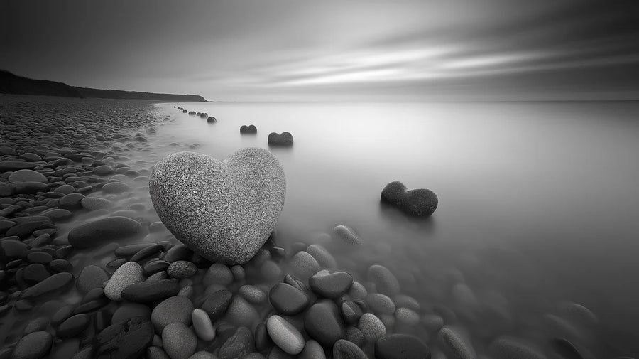 Coastal Wallpaper Mural – Seaside Wall Mural – Heart-shaped Stones on Beach Black, White and Stones printable artwork