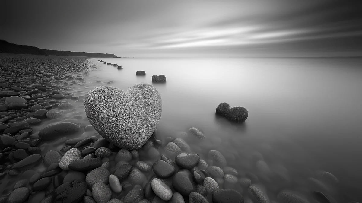 Heart-shaped Stones on Beach Mural Wallpaper Black, White and Stones Mural Wallpaper - room preview 02