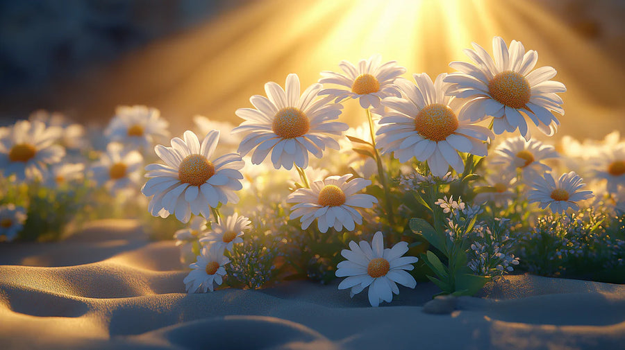 Floral Wallpaper Mural – Flower Wallpaper – Sunlit Daisy Field White, Yellow, Green and Golden Flower printable artwork