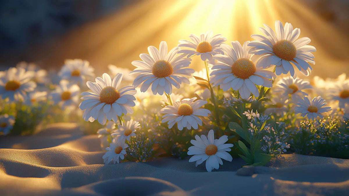 Sunlit Daisy Field Mural Wallpaper White, Yellow, Green and Golden Flower Mural Wallpaper - room preview 02