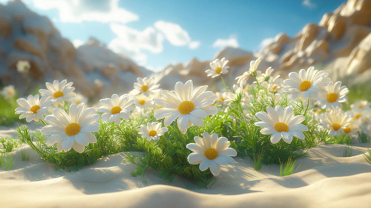 Daisy Flowers Mural Wallpaper White and Yellow Flowers, Green Leaves, Blue Sky, White Sand Mural Wallpaper - room preview 02