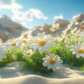 Daisy Flowers Mural Wallpaper White and Yellow Flowers, Green Leaves, Blue Sky, White Sand Mural Wallpaper - room preview 02