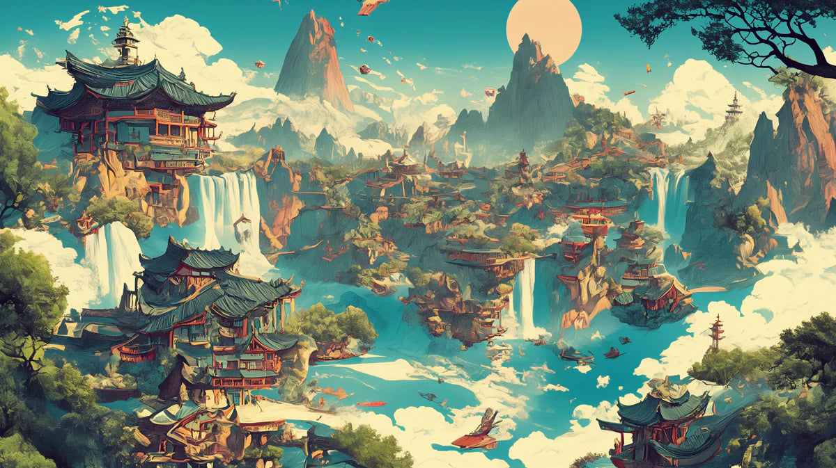 Mystical Ancient Chinese Landscape Mural Wallpaper Blue, Green, Yellow and Ancient Buildings Mural Wallpaper - room preview 02