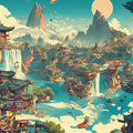 Mystical Ancient Chinese Landscape Mural Wallpaper Blue, Green, Yellow and Ancient Buildings Mural Wallpaper - room preview 02