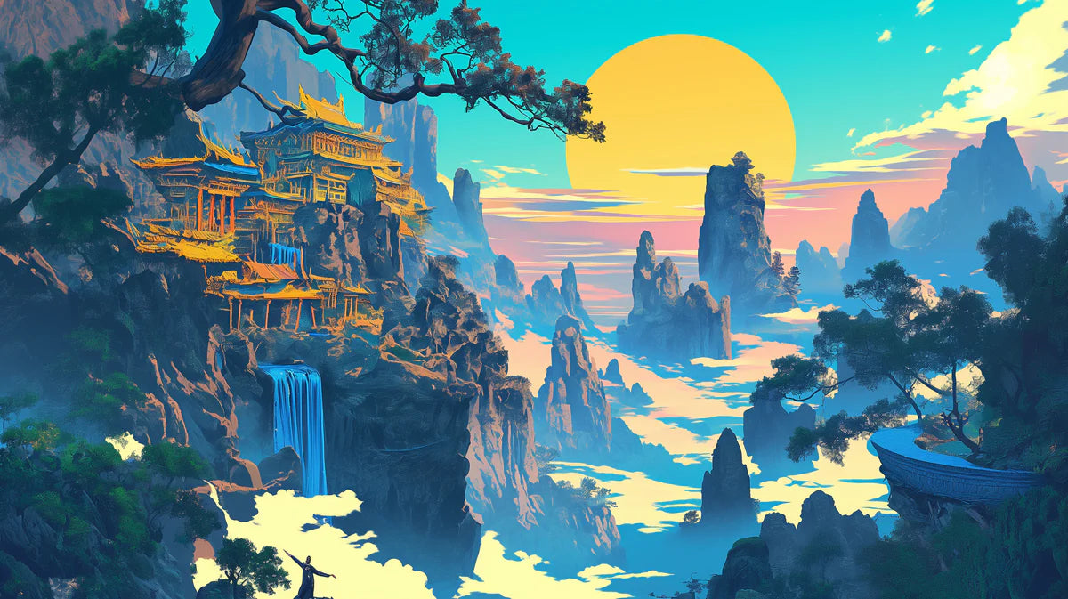 Sunset Over Ancient Mountains Mural Wallpaper Blue, Yellow, Orange and Ancient Structures Mural Wallpaper - room preview 02