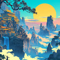 Sunset Over Ancient Mountains Mural Wallpaper Blue, Yellow, Orange and Ancient Structures Mural Wallpaper - room preview 02