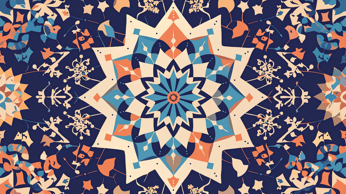 Intricate Mandala Pattern Mural Wallpaper Blue, Orange, Beige and Dark Blue Mural Wallpaper - room preview 02