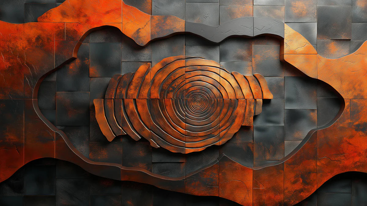 Rustic Copper and Wood Wall Art Mural Wallpaper Orange, Black and Brown Metal Mural Wallpaper - room preview 02