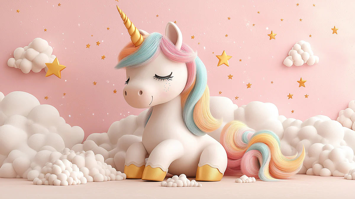 Dreamy Unicorn in Clouds Mural Wallpaper Pink, White, Gold and Blue Unicorn Mural Wallpaper - room preview 02