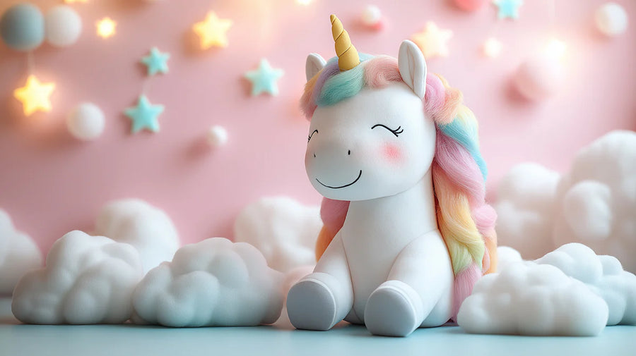 Unicorn Wallpaper Mural – Kids Fantasy Wall Mural – Cheerful Unicorn with Starry Background Pink, White, Yellow and Blue Unicorn printable artwork