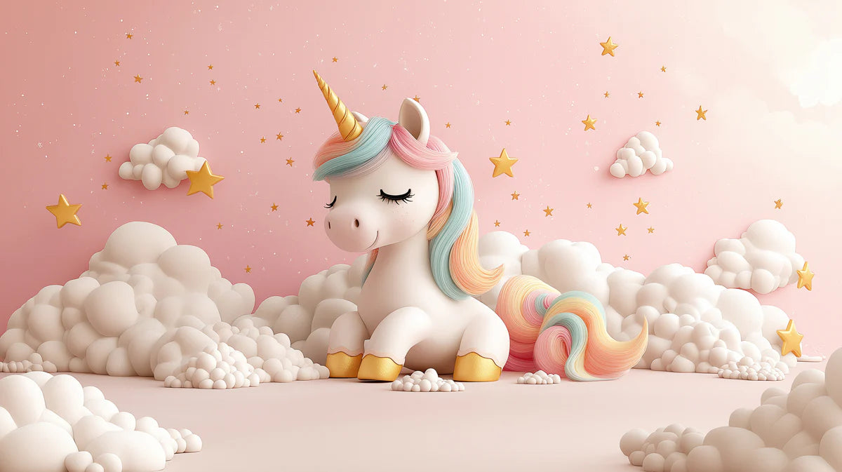 Magical Unicorn in Cloudy Wonderland Mural Wallpaper Pink, White, Gold and Blue Unicorn Mural Wallpaper - room preview 02