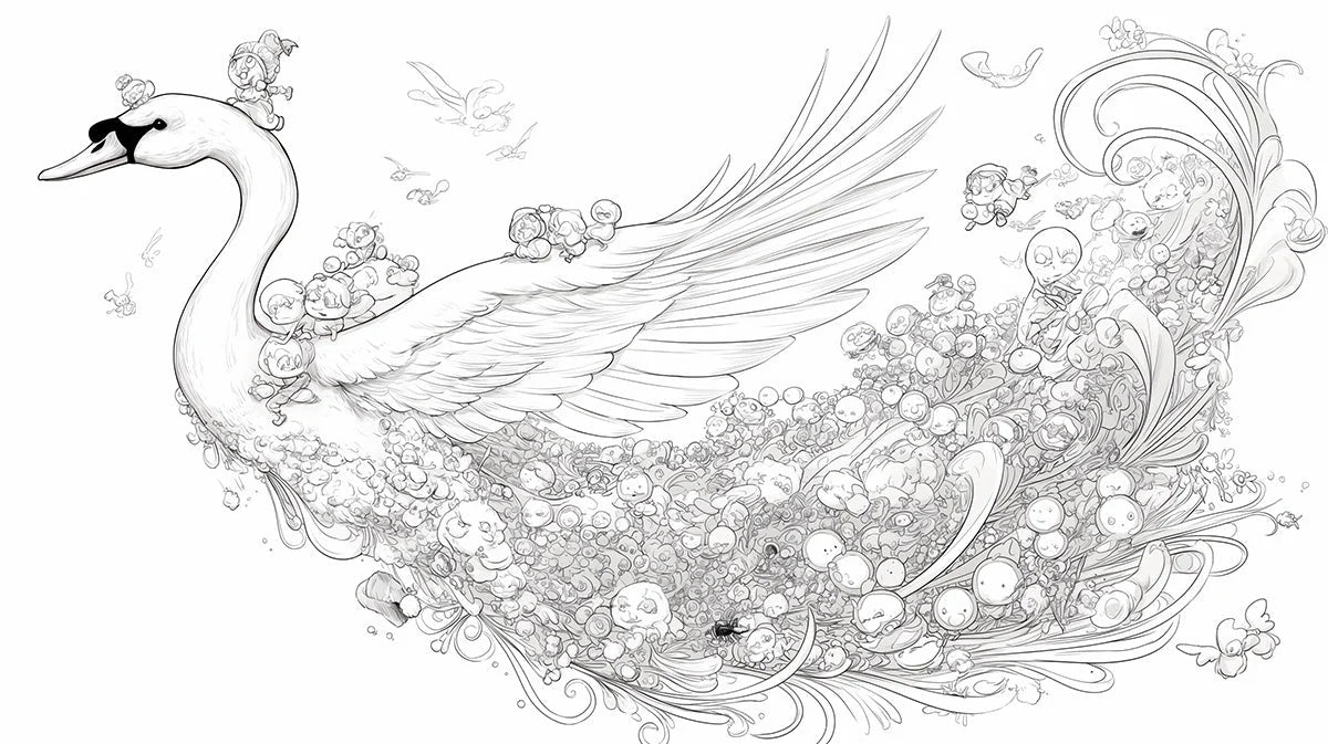 Swan and Fantasy Elements Mural Wallpaper Black White and Gray Swan Mural Wallpaper - room preview 02
