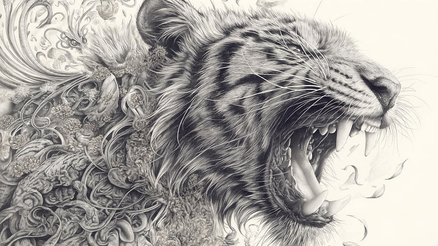Tiger- und aufwendige Szenen-Wandtapete Schwarz-Weiß und Beige Tiger-Wandtapete printable artwork