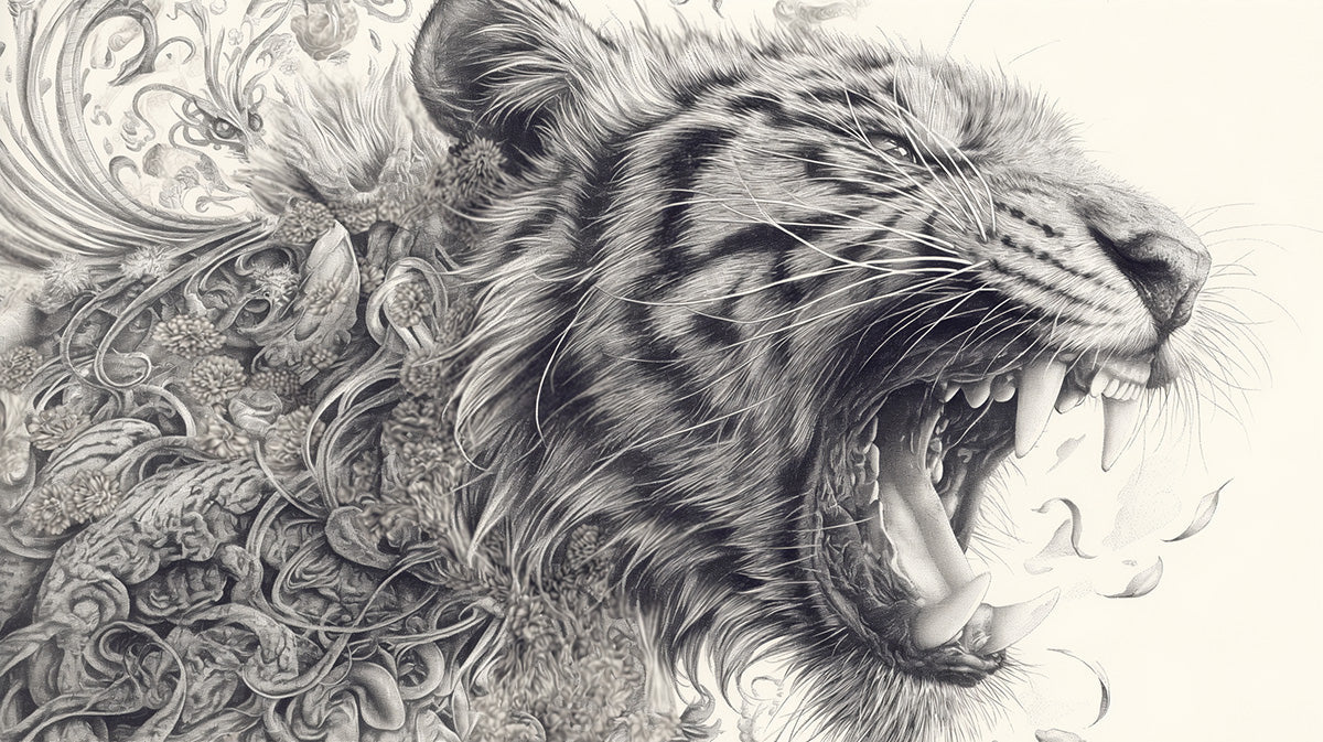 Tiger and Intricate Scene Mural Wallpaper Black White and Beige tiger Mural Wallpaper - room preview 02