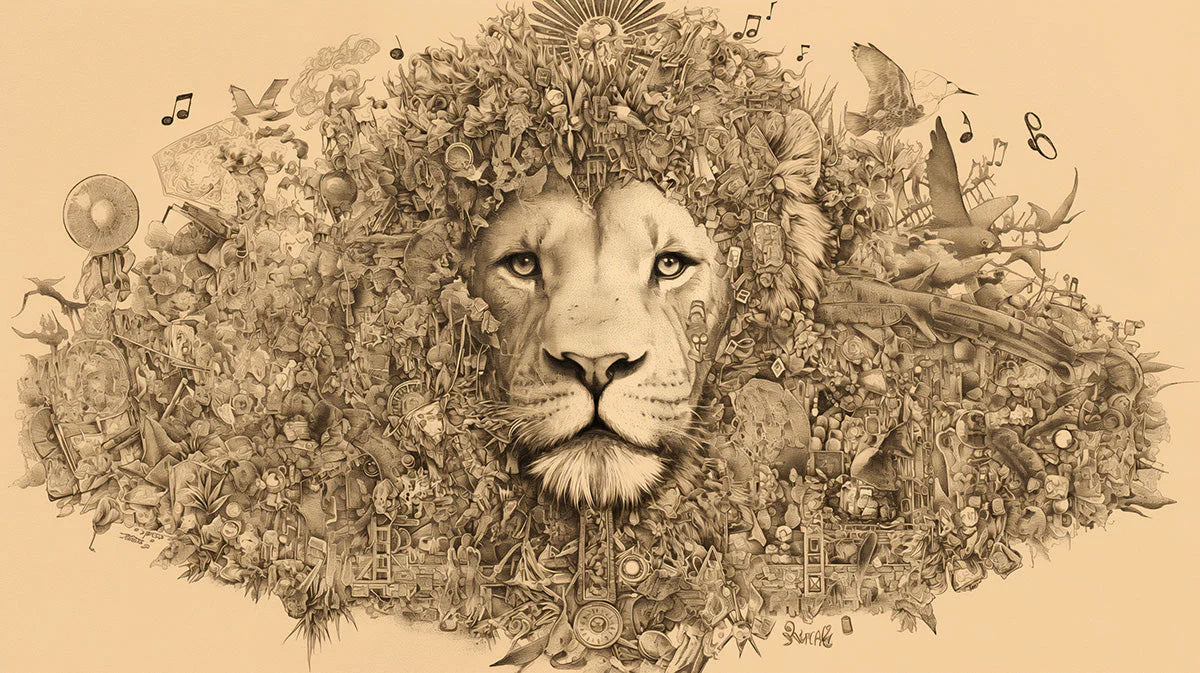 Lion and Eclectic Elements Mural Wallpaper Brown Beige and Yellow Lion Mural Wallpaper - room preview 02