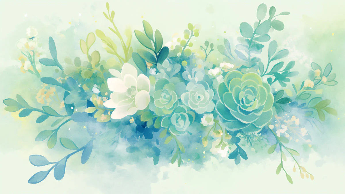 Succulent and Floral Watercolor Mural Wallpaper Green Blue White and Yellow Mural Wallpaper - room preview 02