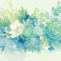 Succulent and Floral Watercolor Mural Wallpaper Green Blue White and Yellow Mural Wallpaper - room preview 02