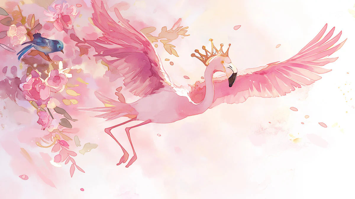 Pink Flamingo with Crown Mural Wallpaper for a Girls's room Pink Purple Blue and White Flamingo Mural Wallpaper - room preview 02