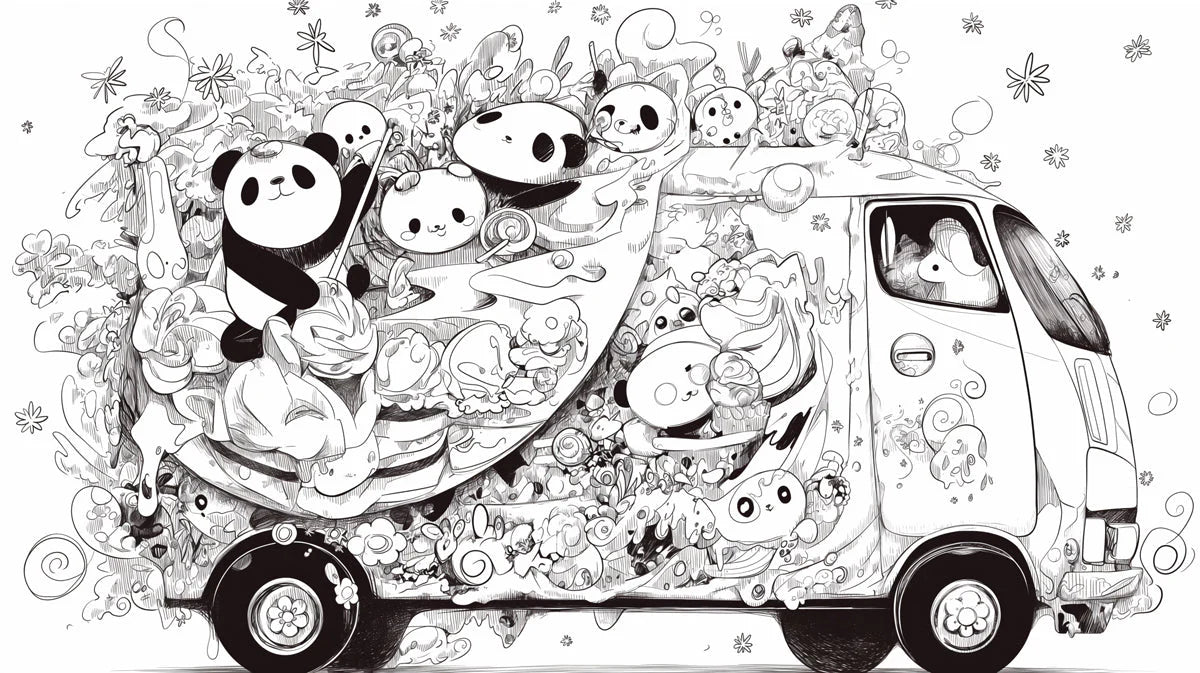 Black and White Panda Ice Cream Van Mural Wallpaper Black White and Gray Panda Mural Wallpaper - room preview 02