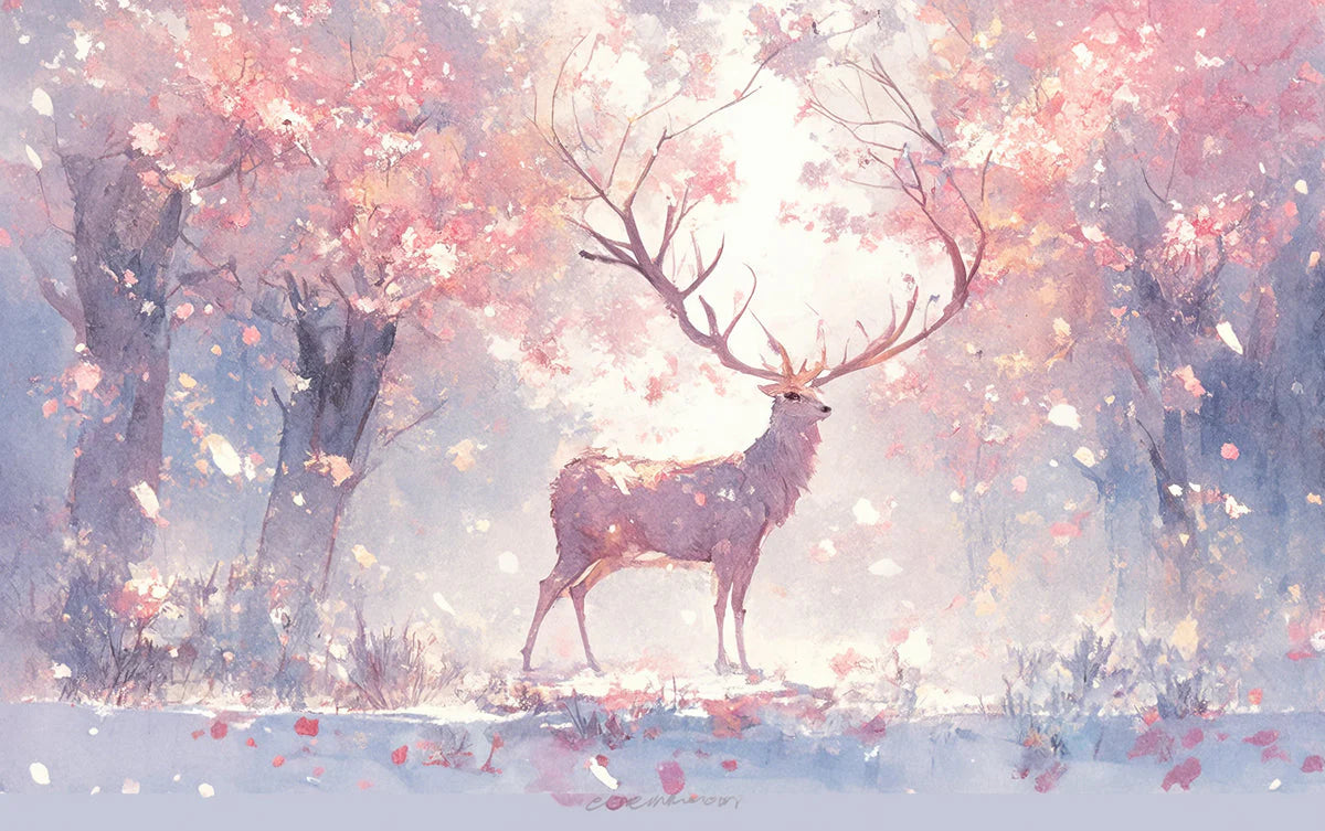 Pink and Purple Deer in Forest Mural Wallpaper Pink Purple White and Light Brown Deer Mural Wallpaper - room preview 02
