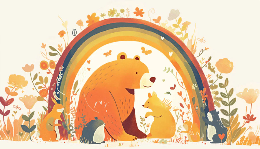 Regenbogen- und Bären-Wandbild-Tapete für ein Kinderzimmer Orange Gelb Rot Grün und brauner Bär mit Regenbogen-Wandbild-Tapete printable artwork