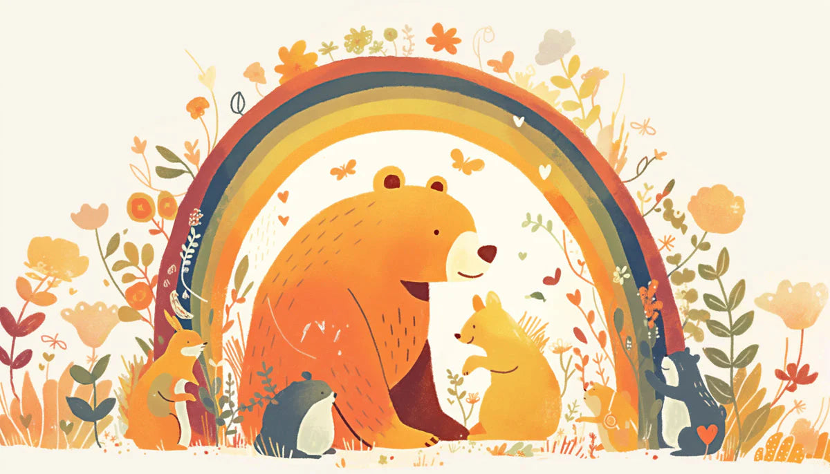 Rainbow and Bear Mural Wallpaper for a child's room Orange Yellow Red Green and Brown Bear with Rainbow Mural Wallpaper - room preview 02