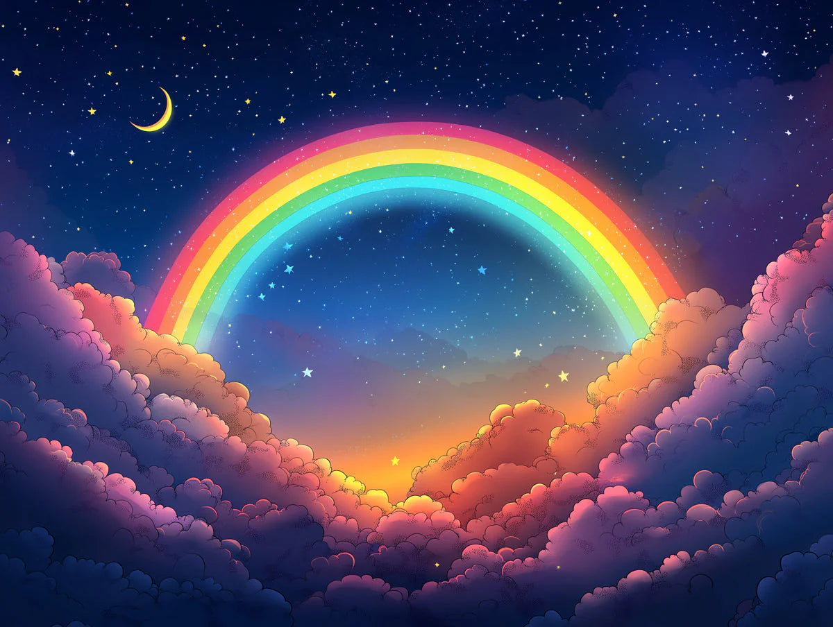 Night Sky with Rainbow Mural Wallpaper Blue Purple Pink Yellow and Orange Rainbow Night Mural Wallpaper - room preview 02
