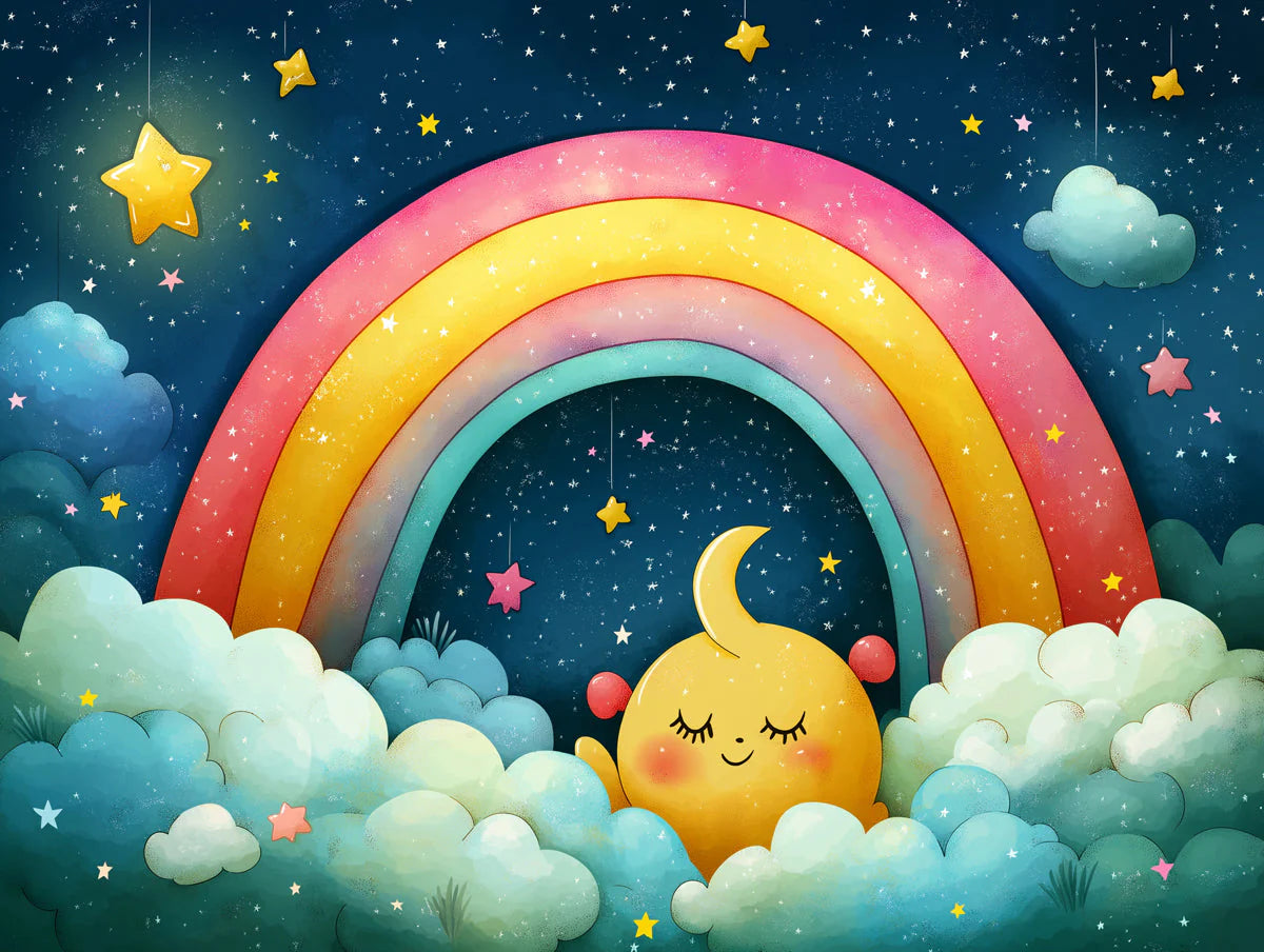 Rainbow and Stars Mural Wallpaper Blue Pink Yellow Green and White Rainbow Stars Mural Wallpaper - room preview 02