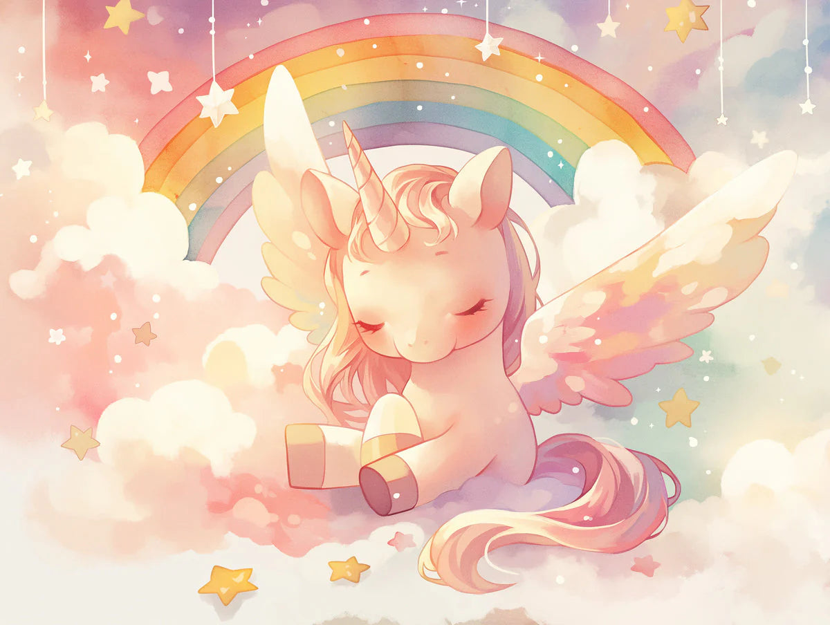 Unicorn and Rainbow Mural Wallpaper Pink Purple Yellow Blue and White Unicorn Mural Wallpaper - room preview 02