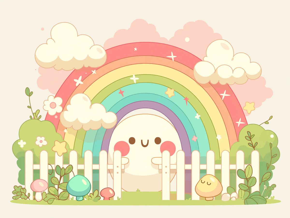 Rainbow and Clouds with Fence Mural Wallpaper Pink Green Blue Yellow and White Rainbow Mural Wallpaper - room preview 02