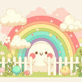 Rainbow and Clouds with Fence Mural Wallpaper Pink Green Blue Yellow and White Rainbow Mural Wallpaper - room preview 02